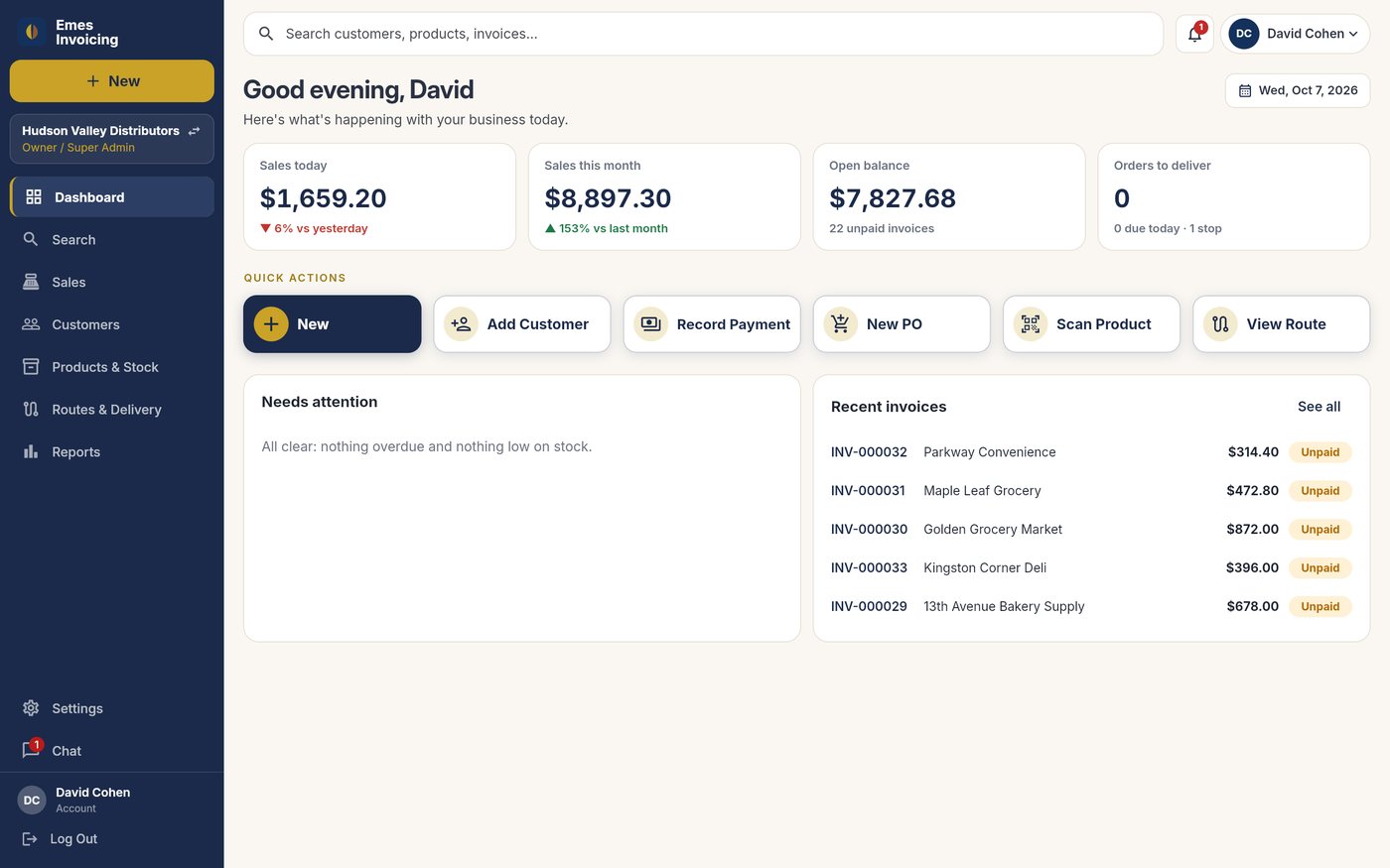 Emes Invoicing dashboard on a computer: sales today, sales this month, open balance, quick actions, needs attention and recent invoices