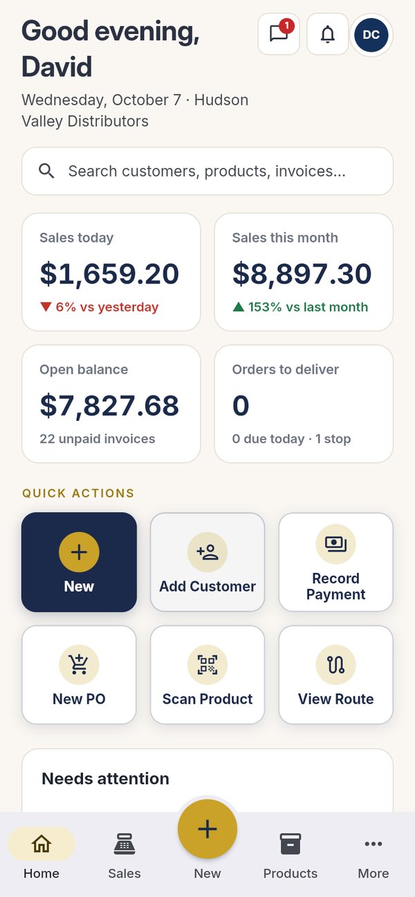 Emes Invoicing on a phone: the dashboard with sales today, open balance and quick actions