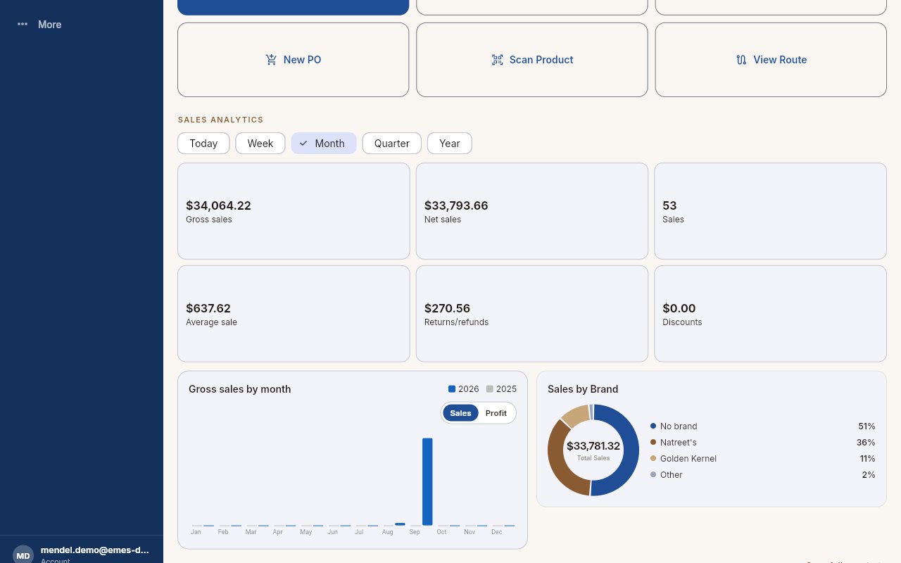 Emes Invoicing on a laptop: sales analytics with the gross sales chart and sales-by-brand breakdown